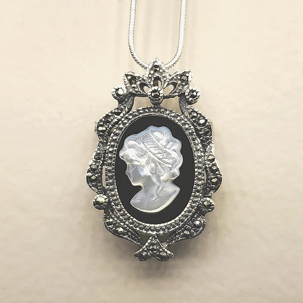 Victorian 925 Marcasite M.O.P Onyx Cameo